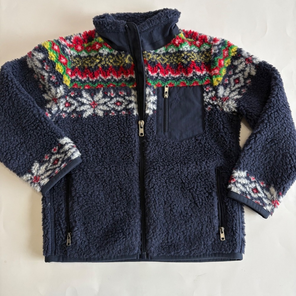 Polo Ralph Lauren Toddler 4 Fair Isle Teddy Fleece Jacket Navy Blue Fuzzy Zip Up